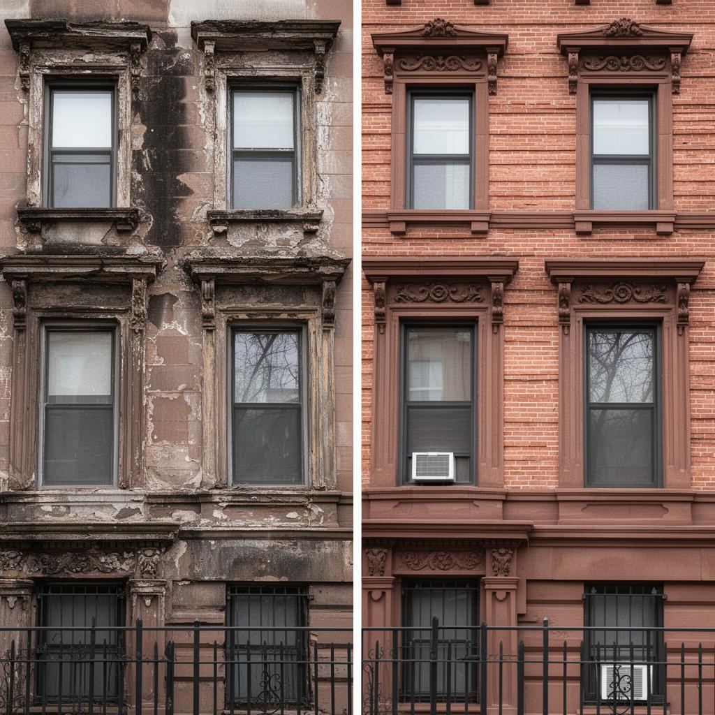 Before and after brownstone restoration project in Brooklyn, NYC — IronSky Roofing