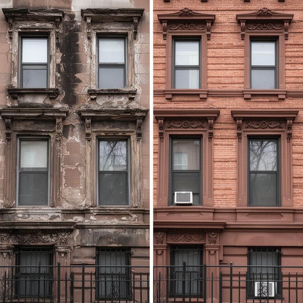 Before and after brownstone restoration project in Brooklyn, NYC — IronSky Roofing
