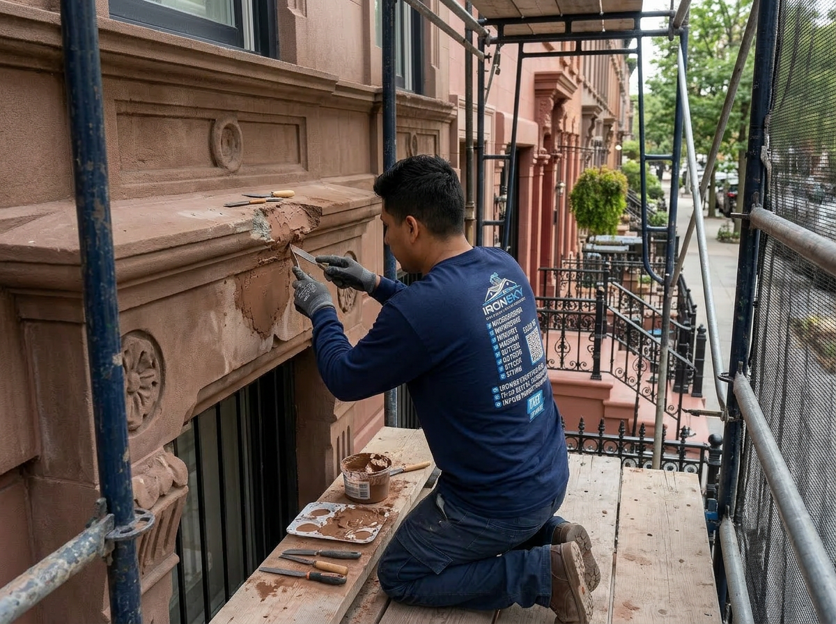 IronSky crew installing brownstone restoration in Manhattan, NYC — IronSky Roofing