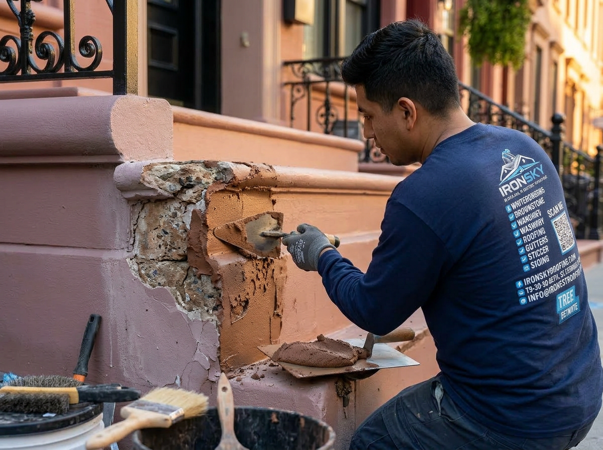 IronSky crew installing brownstone restoration in Staten Island, NYC — IronSky Roofing