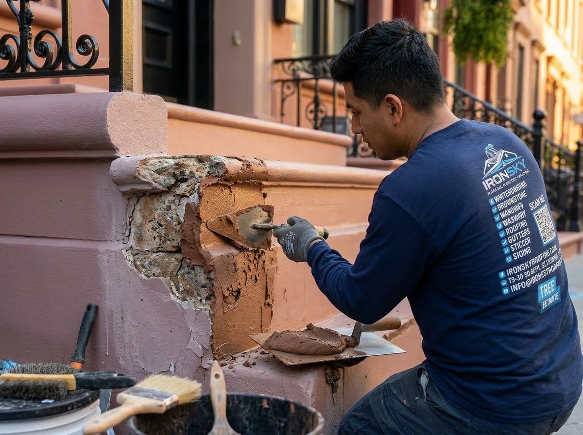 IronSky crew installing brownstone restoration in Staten Island, NYC — IronSky Roofing
