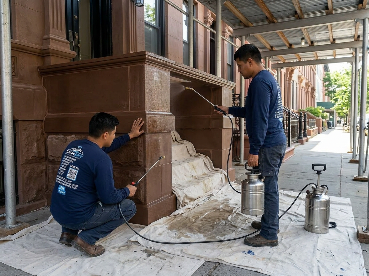 IronSky crew installing brownstone restoration in Brooklyn, NYC — IronSky Roofing