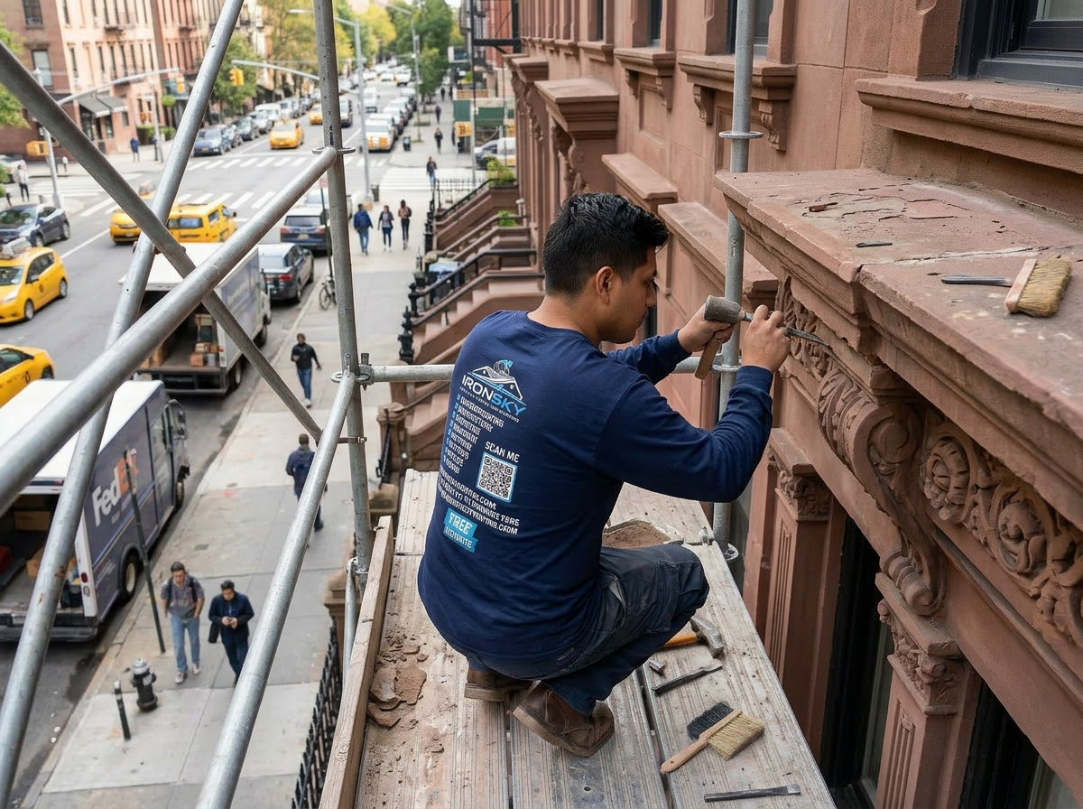 IronSky crew installing brownstone restoration in Queens, NYC — IronSky Roofing