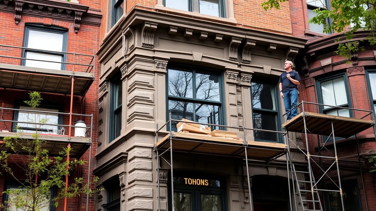 Brooklyn brownstone facade under restoration with scaffolding and masons working