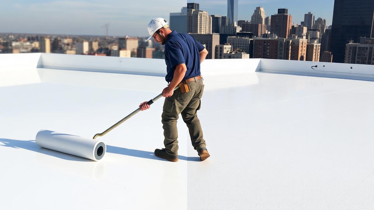 Worker rolling reflective white coating on a NYC flat roof