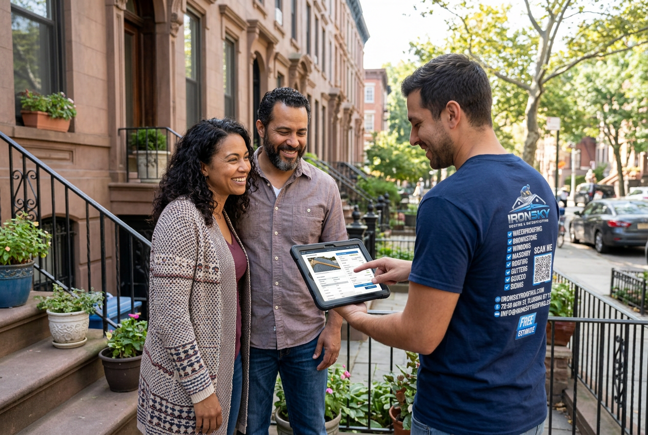 IronSky estimator showing roof pricing on a tablet to homeowners outside a brownstone
