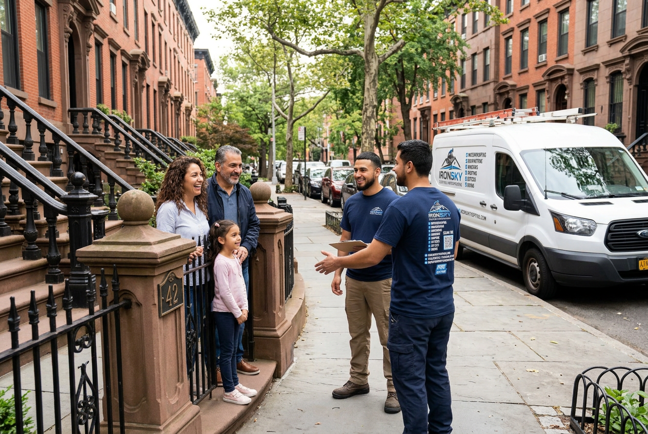 IronSky roofing crew greeting a customer in front of a Brooklyn brownstone