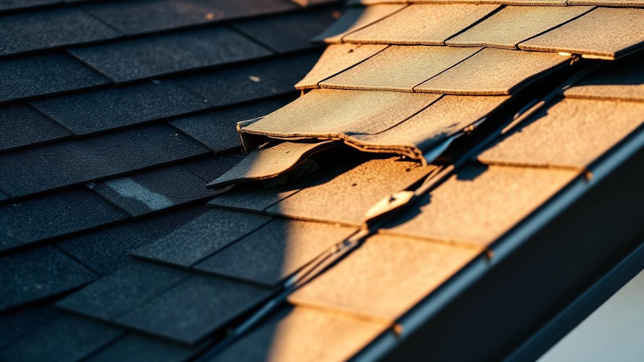 Close-up of badly weathered, curling and cracked asphalt shingles on a NYC roof