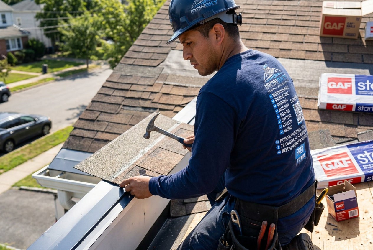 IronSky roofer installing starter shingles along the roof eave