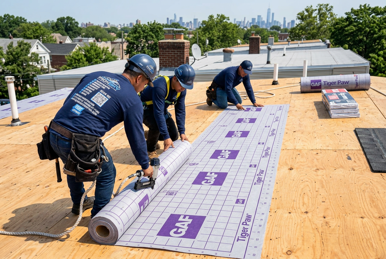 IronSky team laying GAF synthetic underlayment before asphalt shingle installation