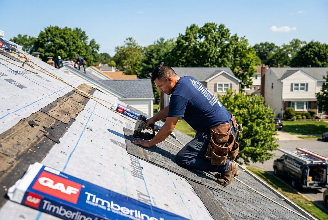 IronSky roofer kneeling on a roof and fastening GAF shingles with a nail gun