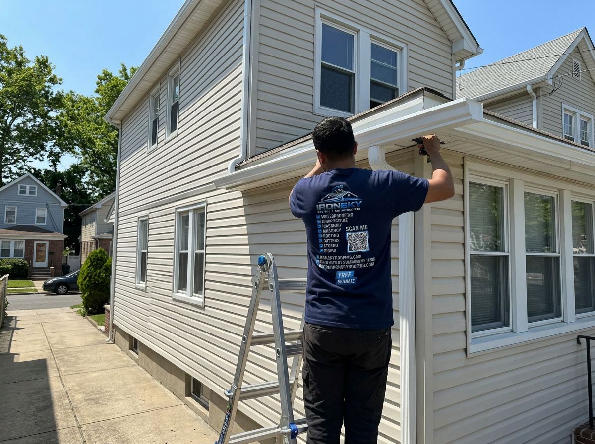 IronSky crew installing gutters in Queens, NYC — IronSky Roofing