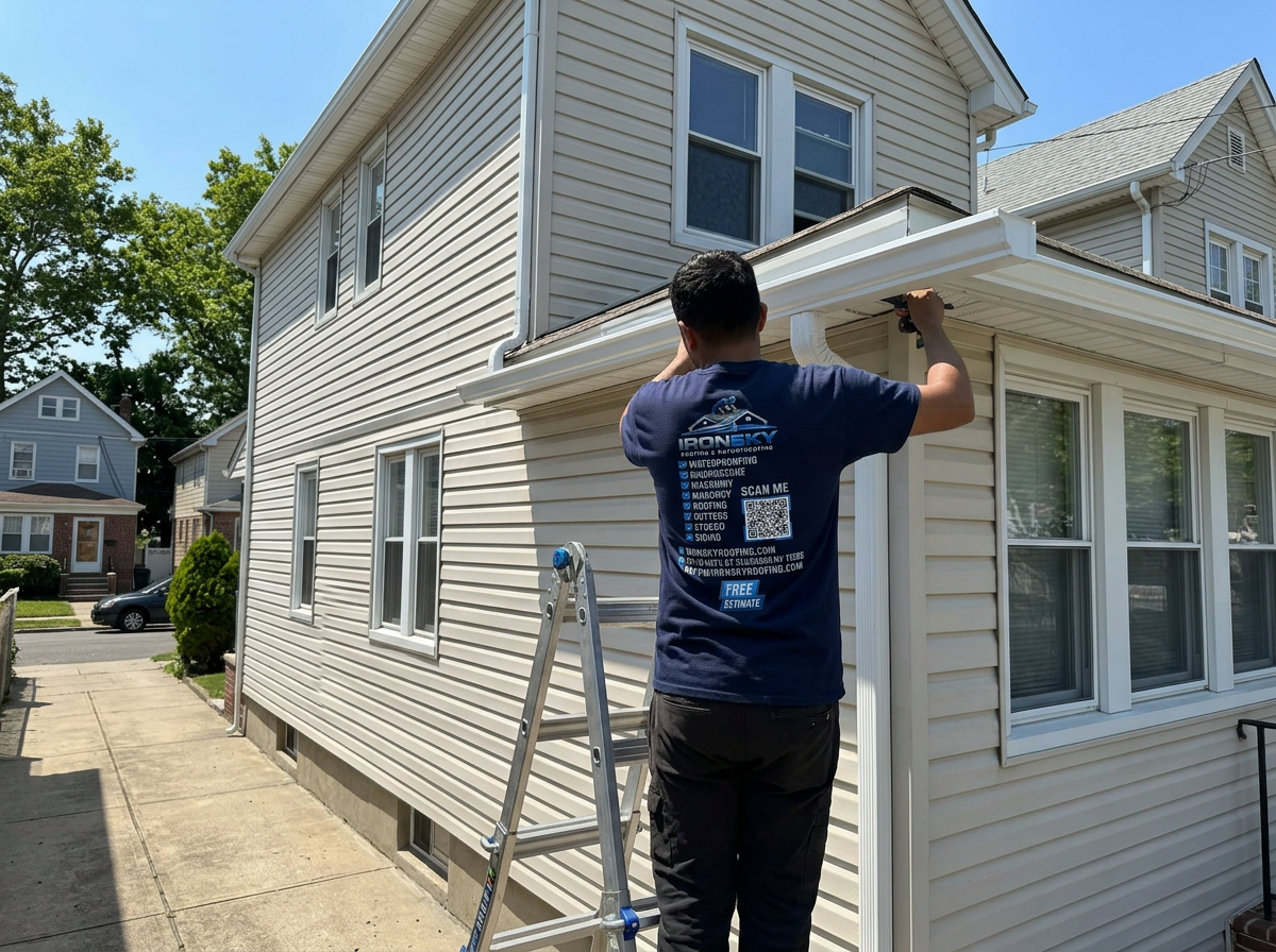 IronSky crew installing gutters in Queens, NYC — IronSky Roofing