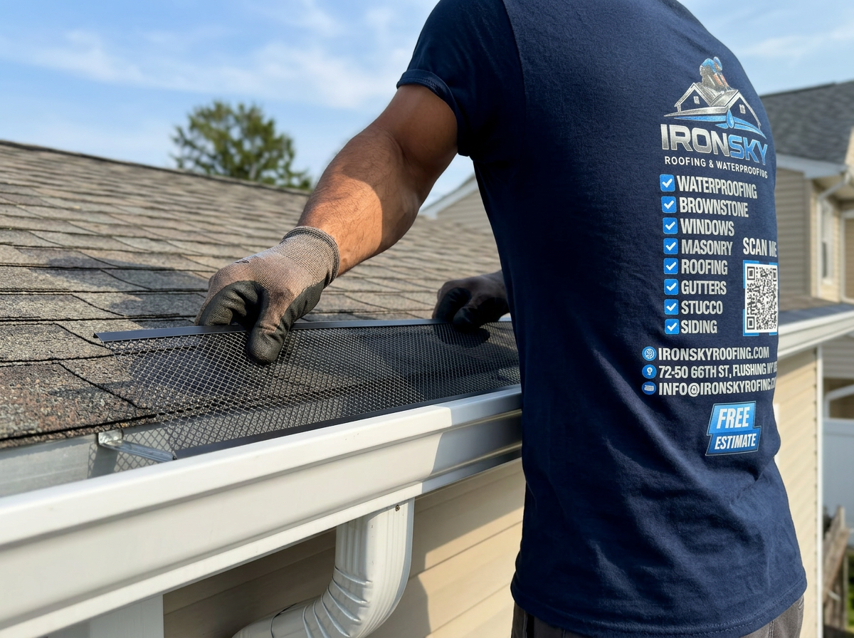 IronSky crew installing gutters in Staten Island, NYC — IronSky Roofing