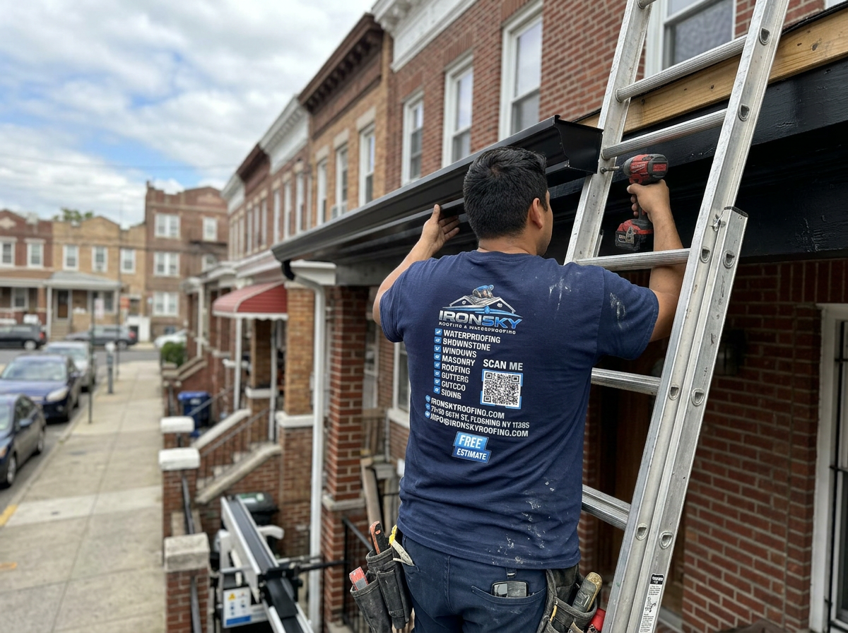IronSky crew installing gutters in Manhattan, NYC — IronSky Roofing