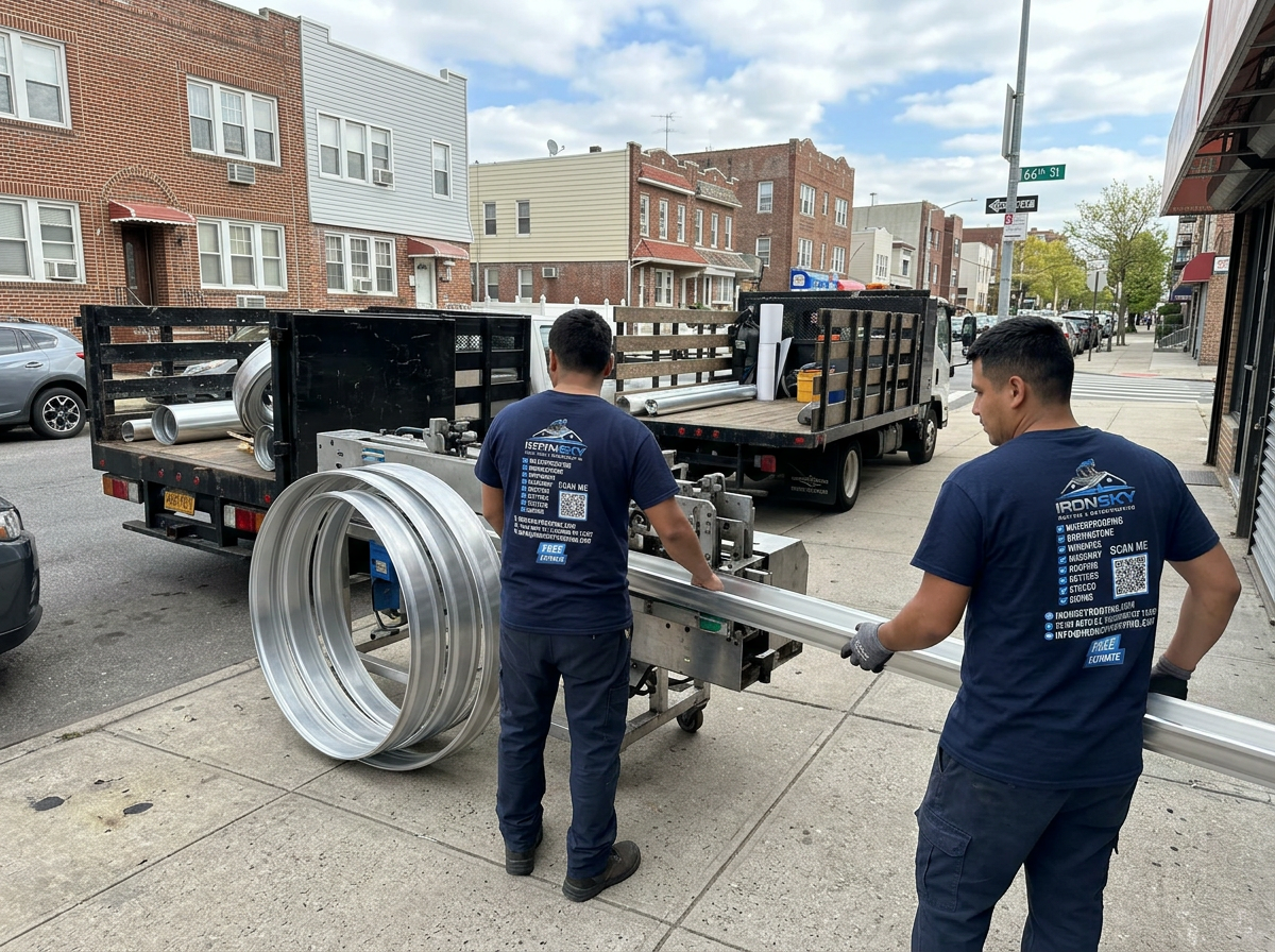 IronSky crew installing gutters in the Bronx, NYC — IronSky Roofing