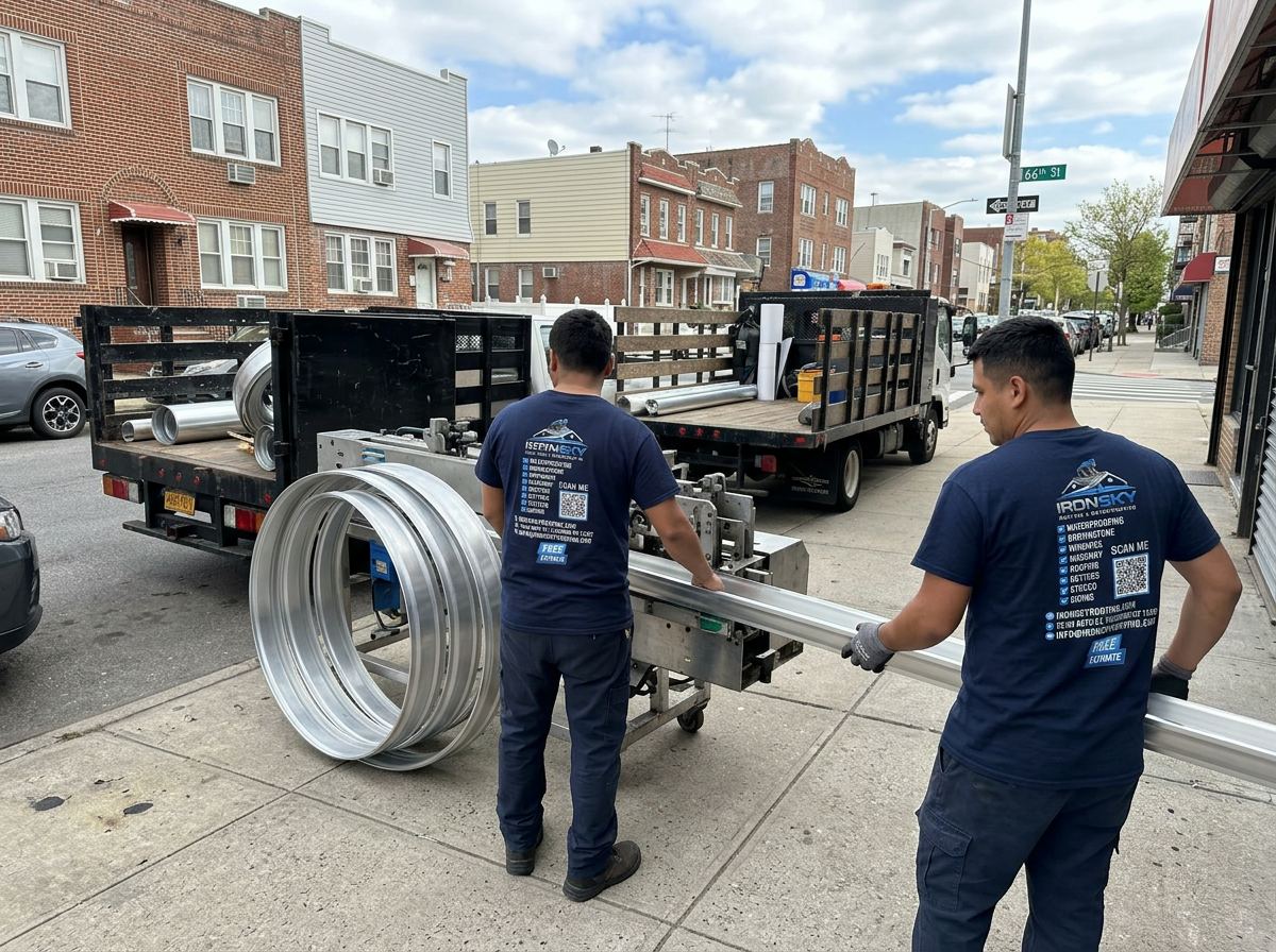 IronSky crew installing gutters in the Bronx, NYC — IronSky Roofing