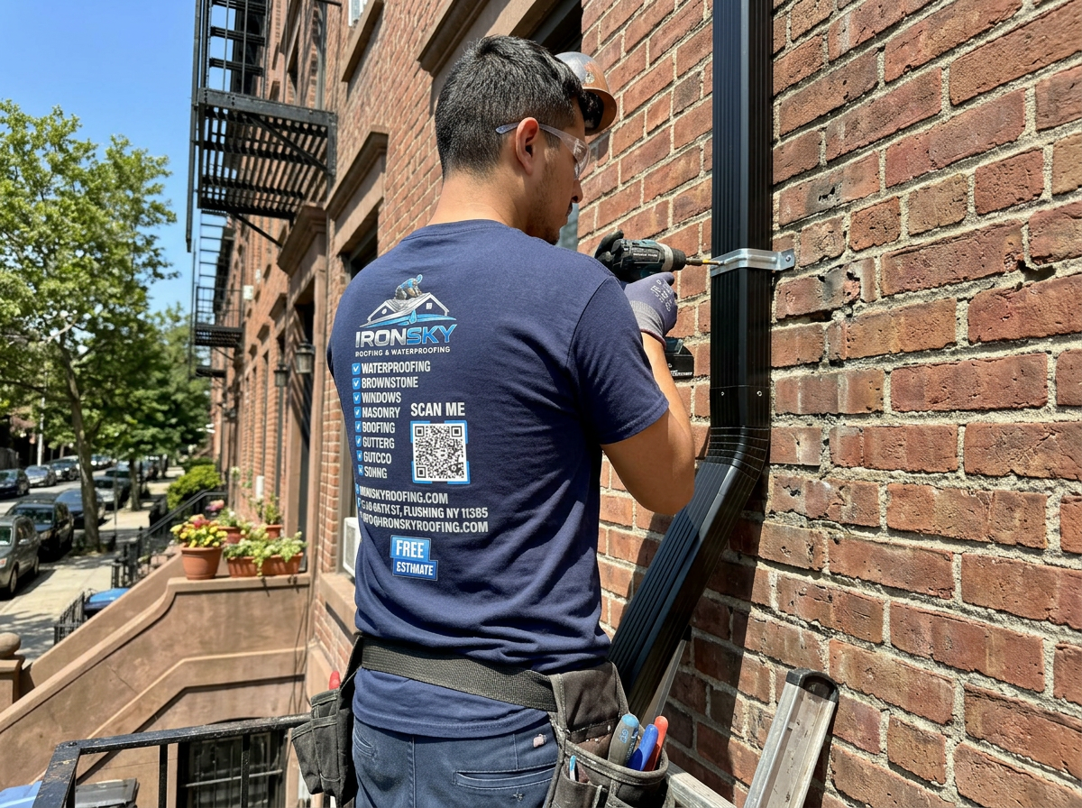 IronSky crew installing gutters in Staten Island, NYC — IronSky Roofing