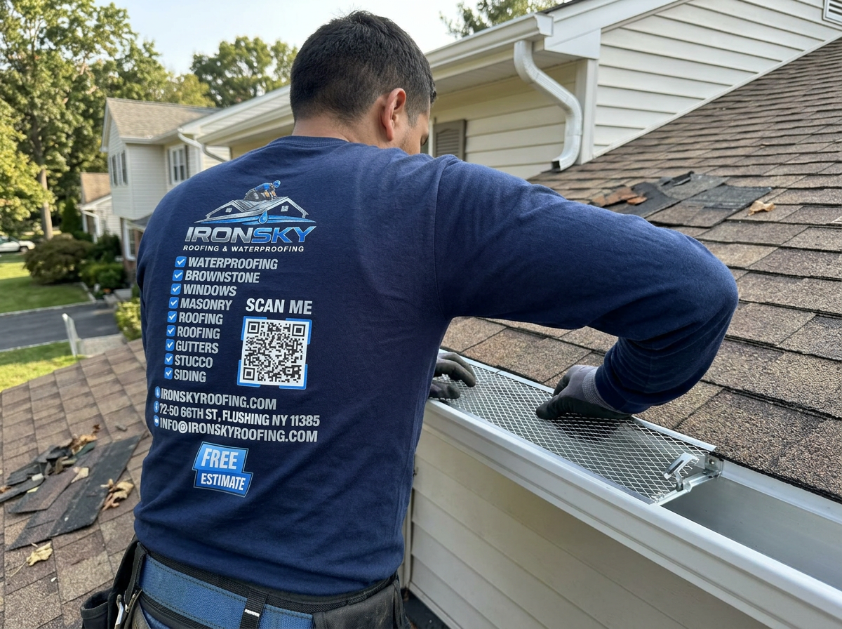 IronSky crew installing gutters in Brooklyn, NYC — IronSky Roofing
