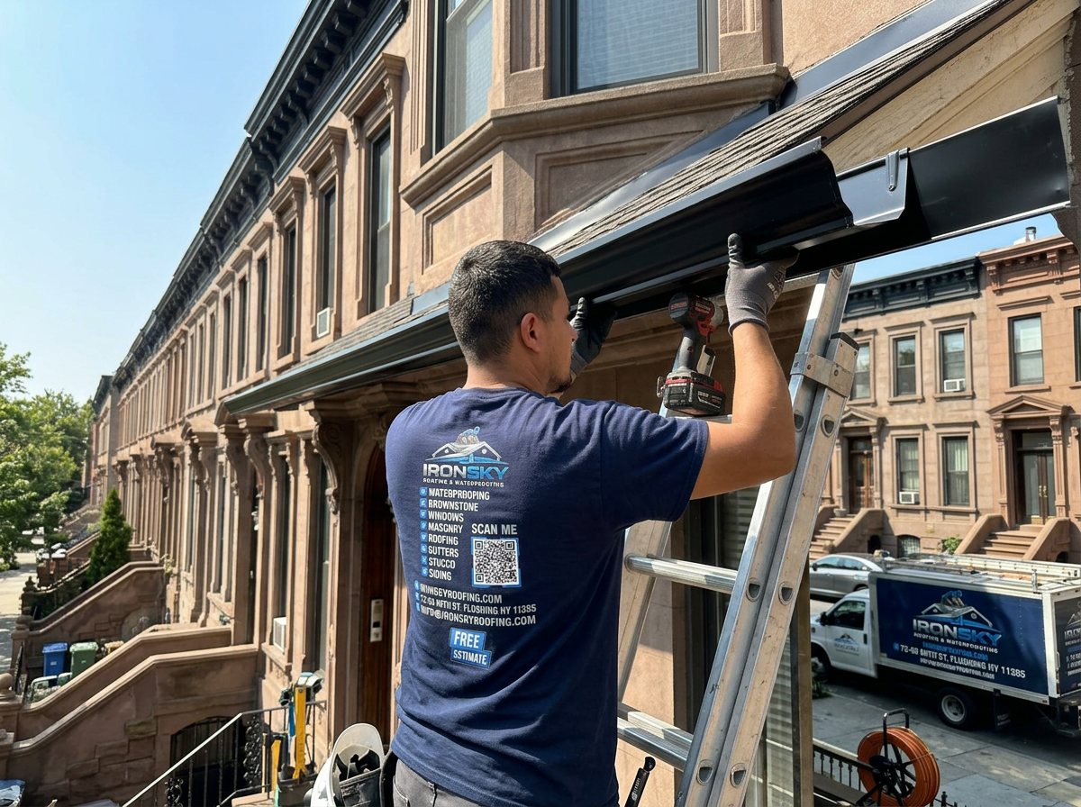 IronSky crew installing gutters in Queens, NYC — IronSky Roofing