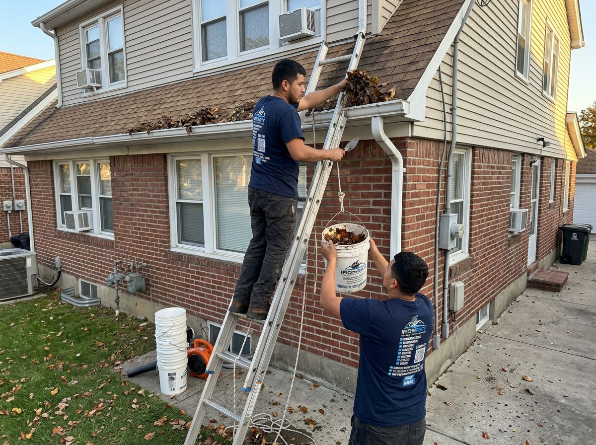 IronSky crew installing gutters in Manhattan, NYC — IronSky Roofing