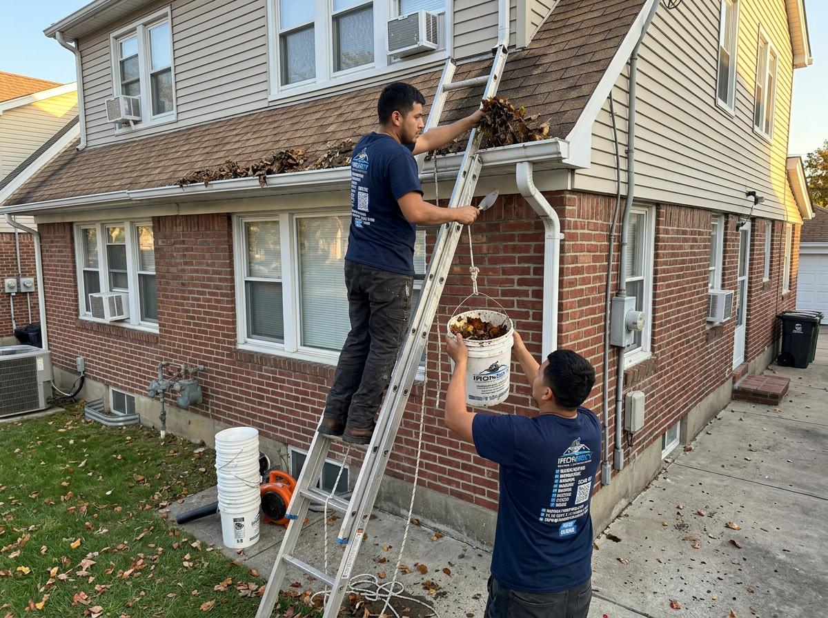 IronSky crew installing gutters in Manhattan, NYC — IronSky Roofing