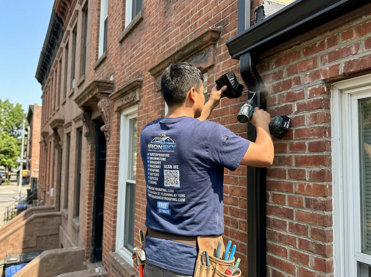 IronSky crew installing gutters in the Bronx, NYC — IronSky Roofing