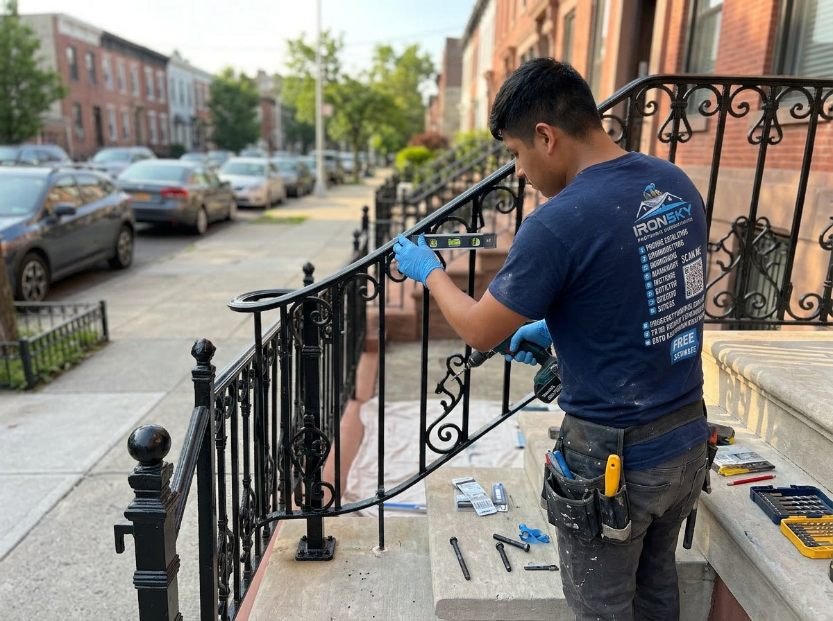 IronSky crew installing iron railings in Queens, NYC — IronSky Roofing