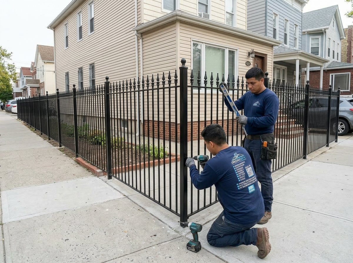 IronSky crew installing iron railings in Manhattan, NYC — IronSky Roofing