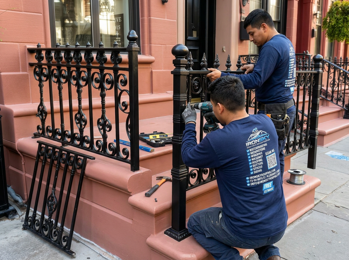 IronSky crew installing iron railings in Staten Island, NYC — IronSky Roofing