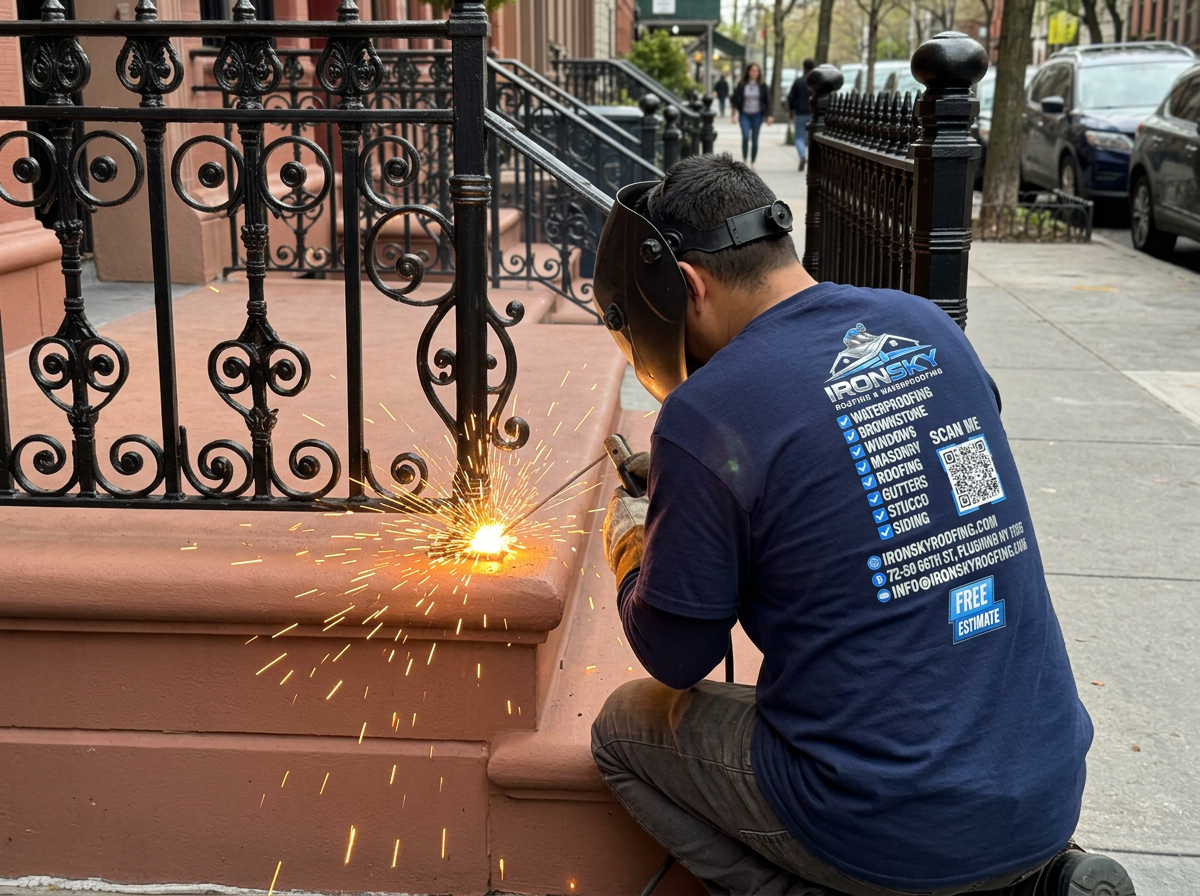 IronSky crew installing iron railings in Brooklyn, NYC — IronSky Roofing
