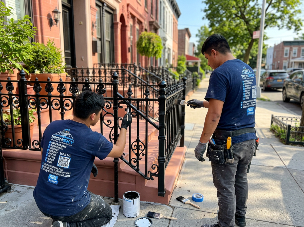 IronSky crew installing iron railings in Manhattan, NYC — IronSky Roofing