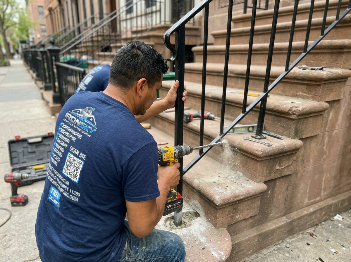 IronSky crew installing iron railings in the Bronx, NYC — IronSky Roofing