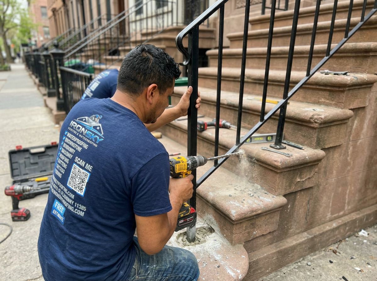 IronSky crew installing iron railings in Manhattan, NYC — IronSky Roofing