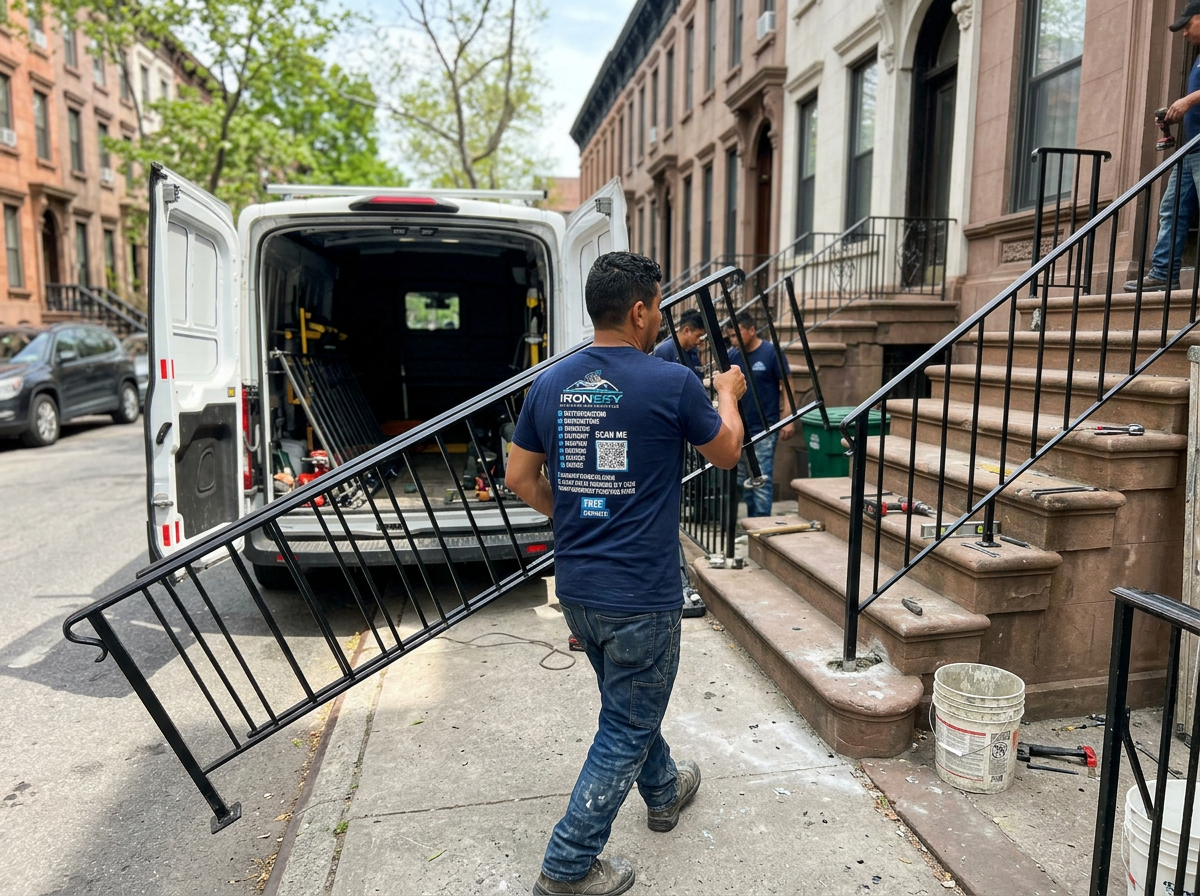 IronSky crew installing iron railings in Staten Island, NYC — IronSky Roofing