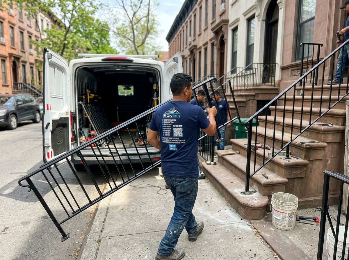 IronSky crew installing iron railings in the Bronx, NYC — IronSky Roofing