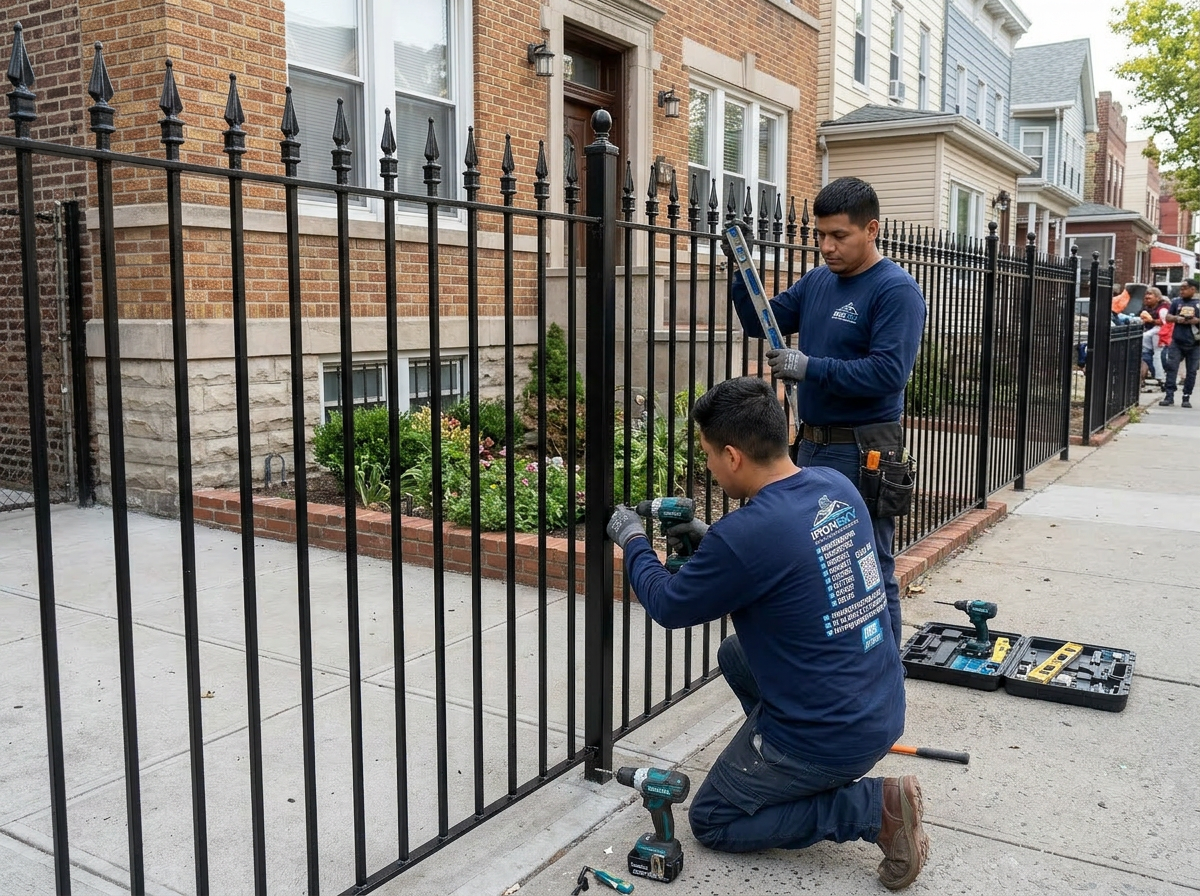 IronSky crew installing iron railings in Brooklyn, NYC — IronSky Roofing