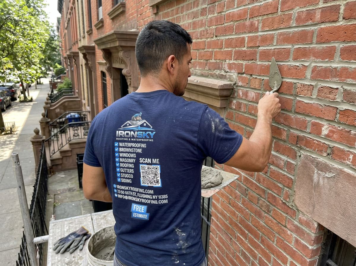 IronSky crew installing masonry in Queens, NYC — IronSky Roofing