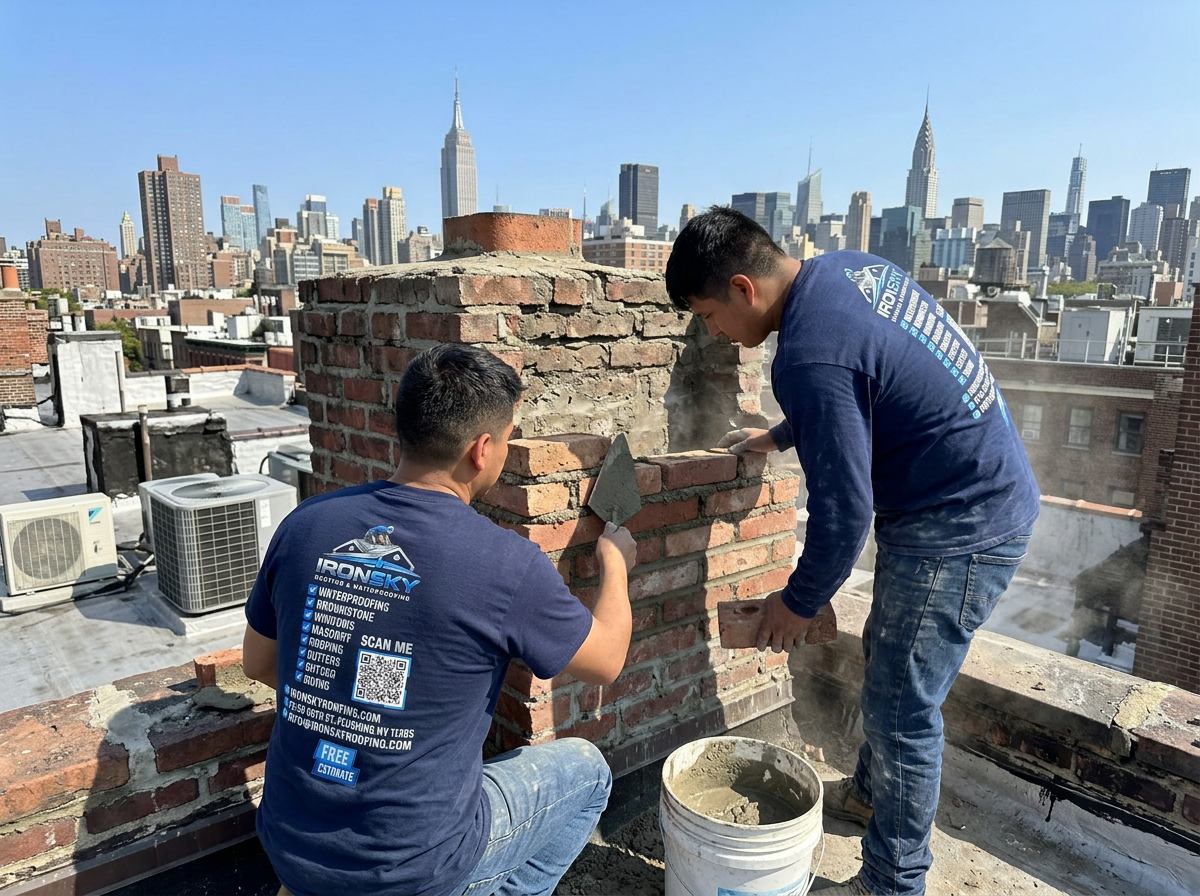 Two IronSky masons rebuilding a rooftop chimney with fresh mortar