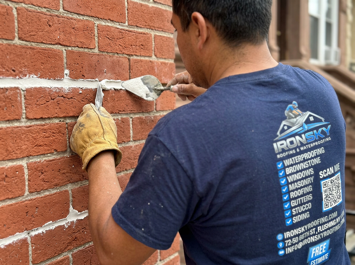 Close-up of IronSky mason in navy shirt tuckpointing fresh white mortar between red bricks