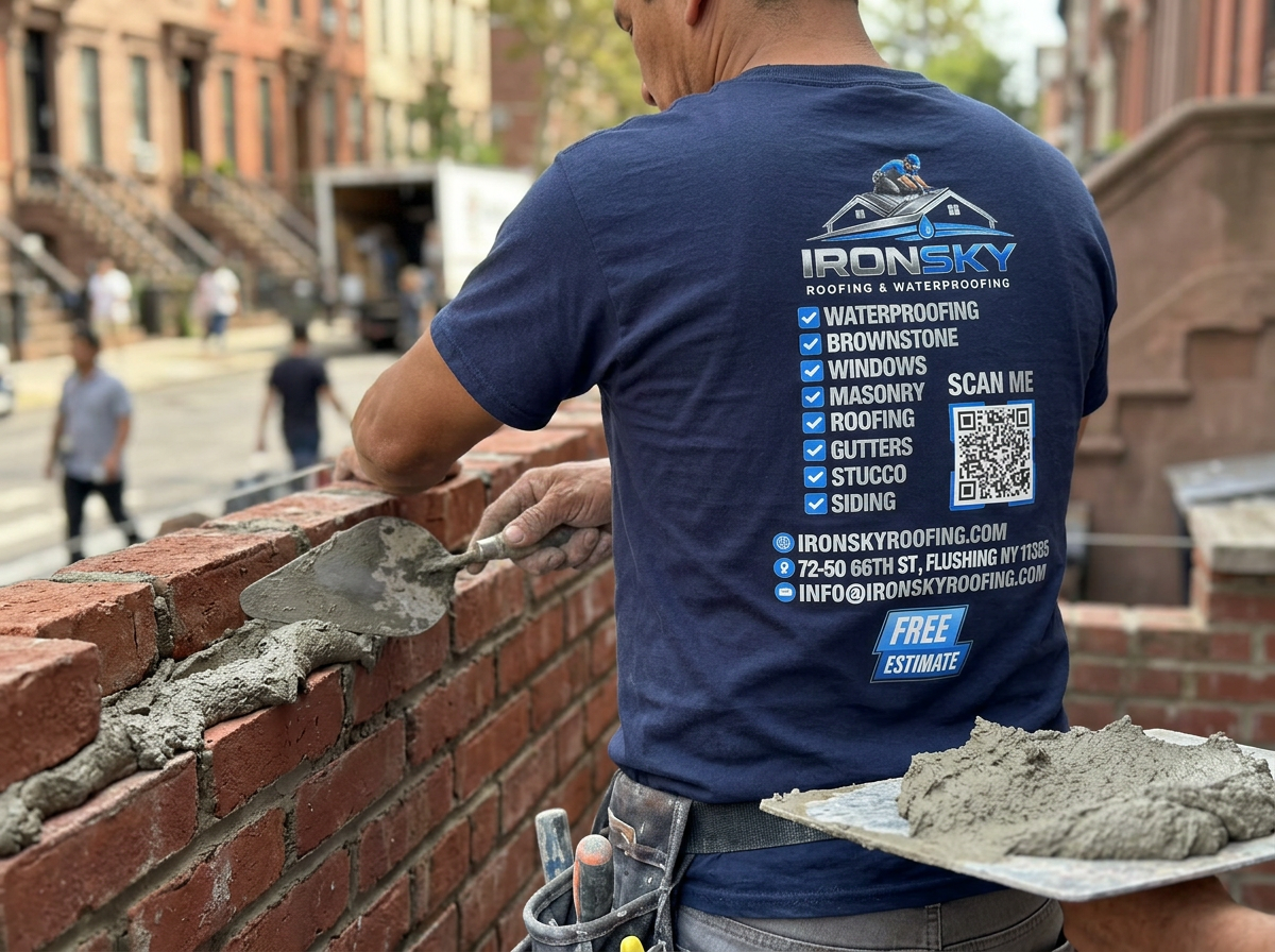 IronSky mason troweling fresh mortar between red bricks on a Brooklyn brownstone facade