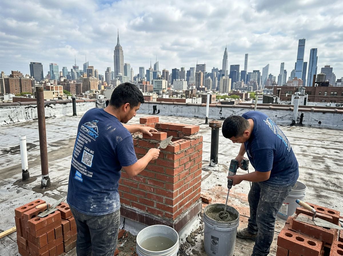 IronSky crew installing masonry in Brooklyn, NYC — IronSky Roofing