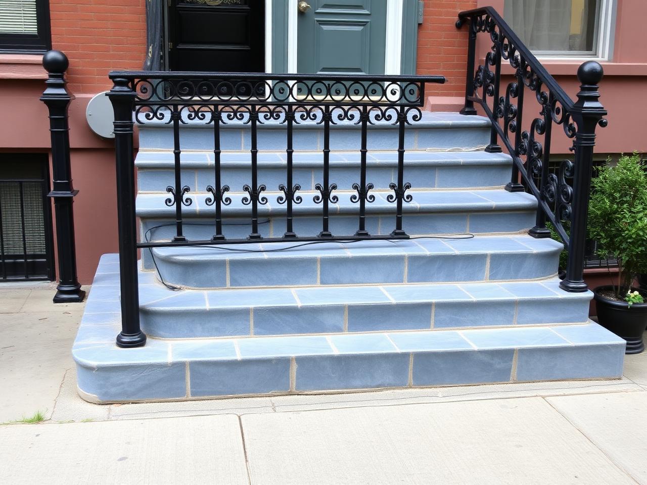 Beautifully restored brownstone stoop with bluestone treads and ornate iron railing