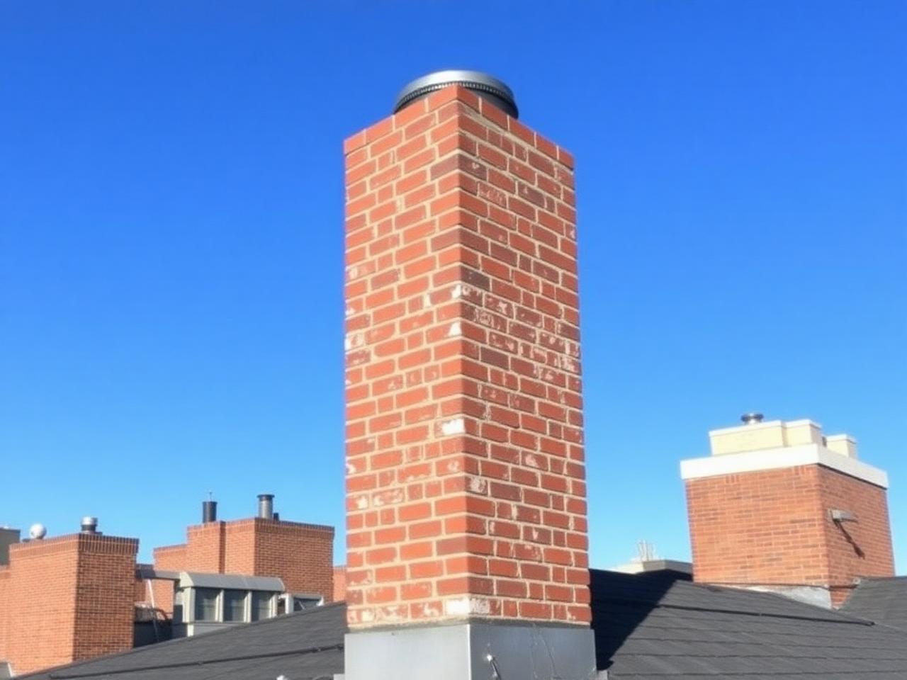 Finished rebuilt red brick chimney on a NYC rooftop