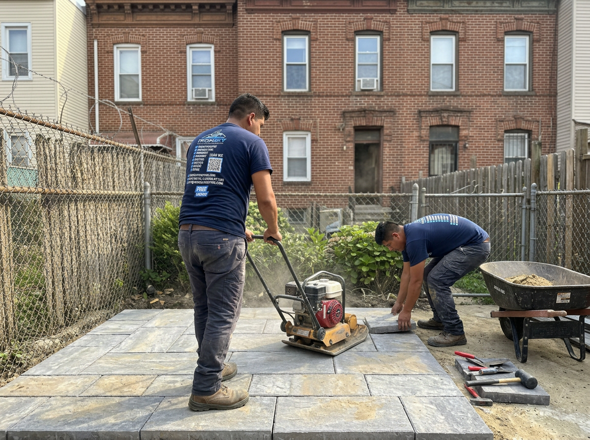 IronSky crew installing patio & pavers in Manhattan, NYC — IronSky Roofing