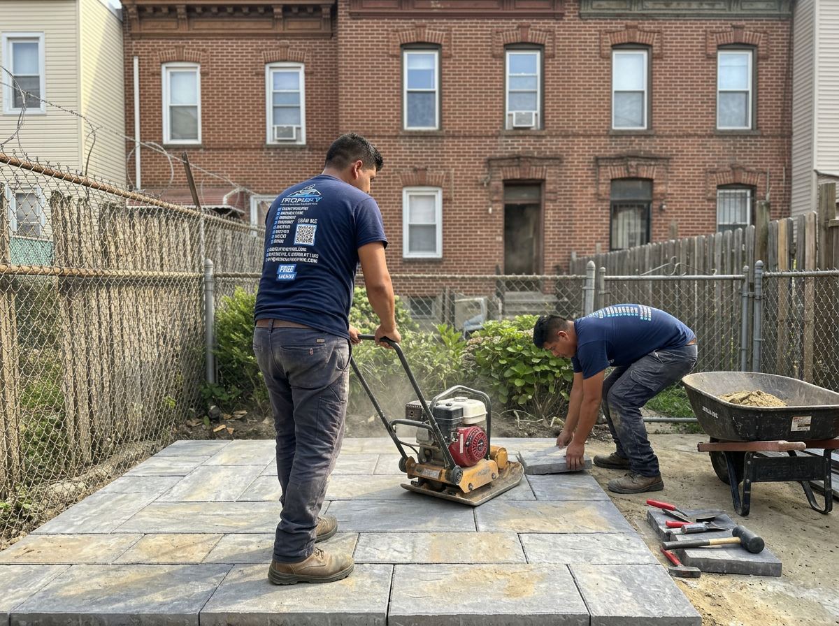 IronSky crew installing patio & pavers in Brooklyn, NYC — IronSky Roofing