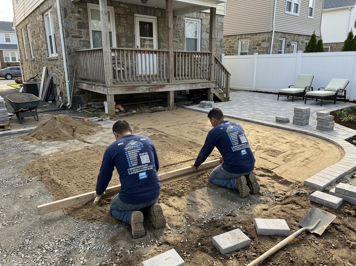 IronSky crew installing patio & pavers in Staten Island, NYC — IronSky Roofing