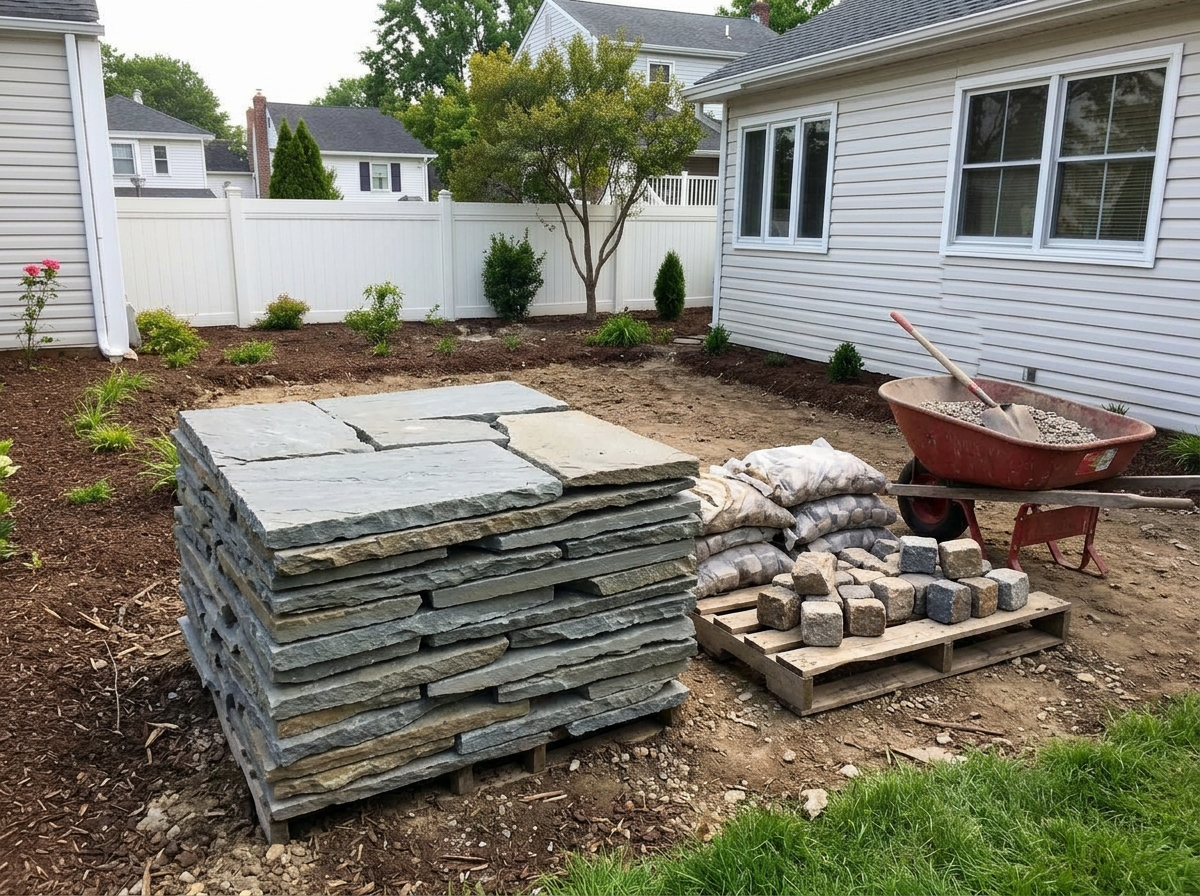 Patio & Pavers materials staged on a Manhattan jobsite, NYC — IronSky Roofing