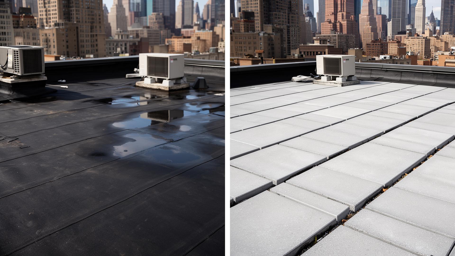 Before and after rooftop pavers project in Manhattan, NYC — IronSky Roofing
