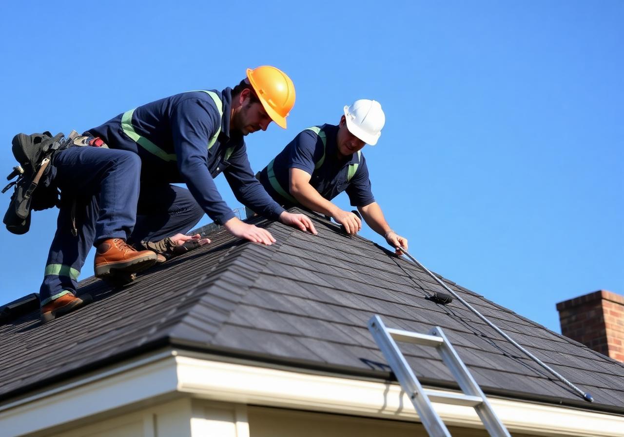 Roofers inspecting asphalt shingles on a Brooklyn home